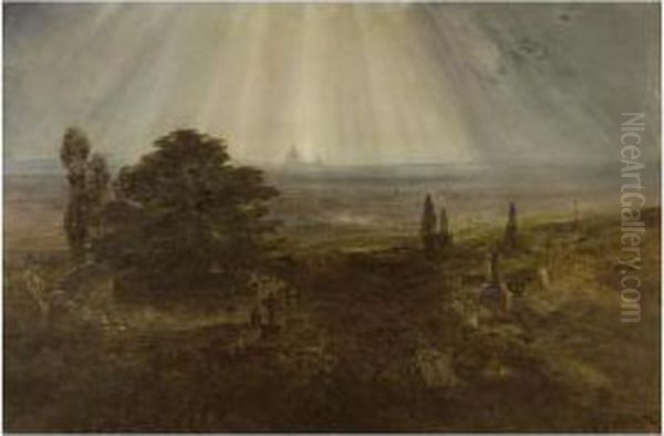 View Of London From Highgate Cemetery With St.paul's Beyond Oil Painting by Bernard Walter Evans