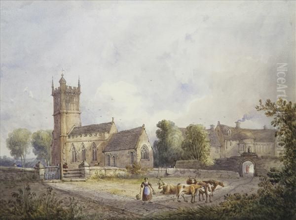 Church And Mansion House With Cattle And, Milkmaid Oil Painting by William of Eton Evans