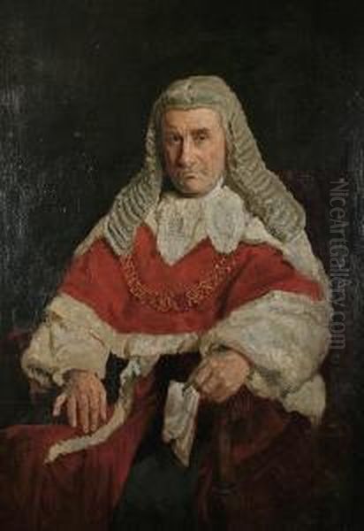 A Three Quarter Length Portrait Of A Seated Red Robed Judge Oil Painting by Reginald Grenville Eves