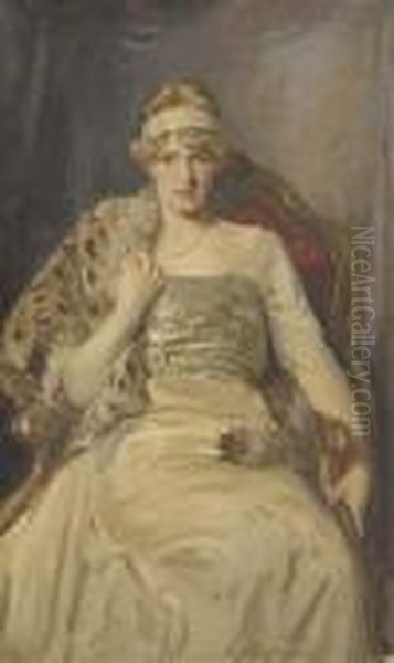 Portrait Of A Lady, Seated Three-quarter-length, In A White Dressand Fur Shawl Oil Painting by Reginald Grenville Eves