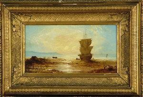 A Sailing Ship Unloading On A Beach At Sunrise. Oil Painting by John H. Wilson