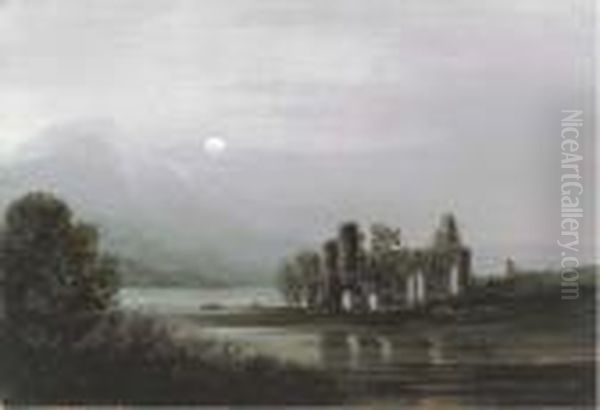 Moonlight, Ross Abbey; And Morning Loch Lomond Oil Painting by John H. Wilson