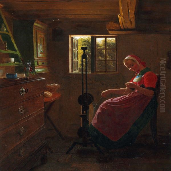 Peasant Interior With A Young Woman At The Spinning Wheel Oil Painting by Julius Exner