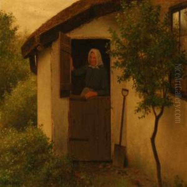 An Old Woman In The Doorway Of A Farmhouse Oil Painting by Julius Exner