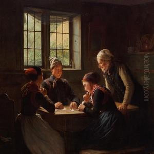 Interior With Young Peopleplaying Cards Oil Painting by Julius Exner