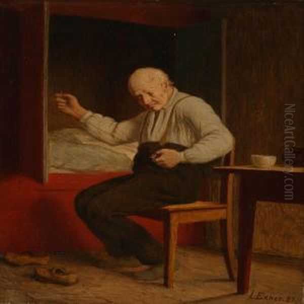 A Man Is Sewing On Abutton Oil Painting by Julius Exner