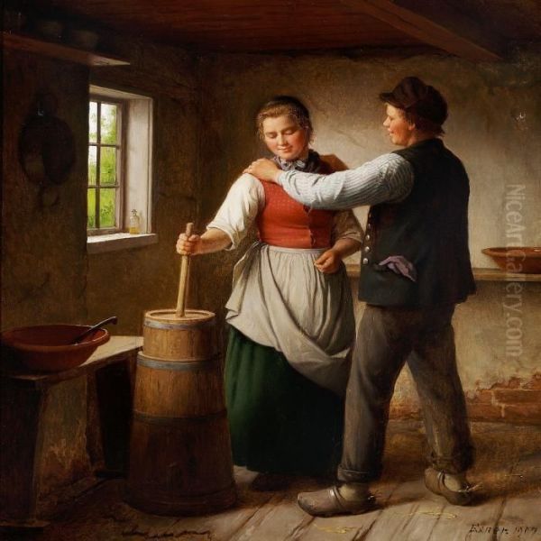 Flirting Young Couple Ina Farmhouse Interior Oil Painting by Julius Exner