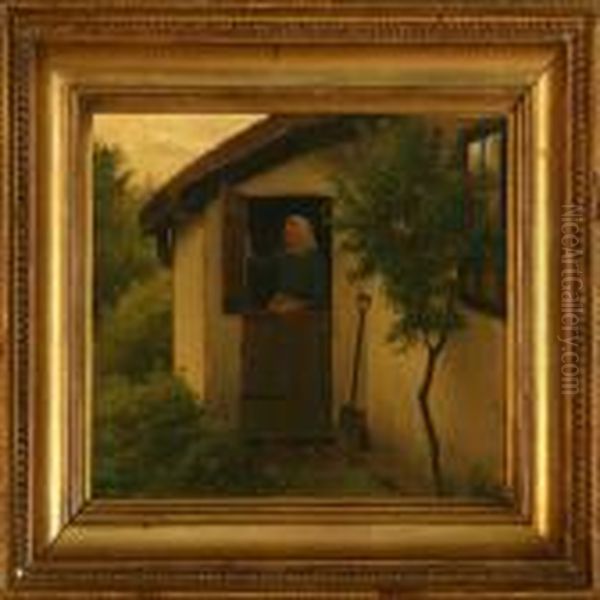 Older Woman Standing In The Door Oil Painting by Julius Exner