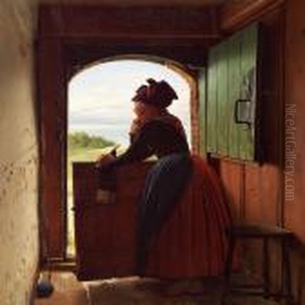 A Young Girl From Fano Standing In A Doorway Oil Painting by Julius Exner