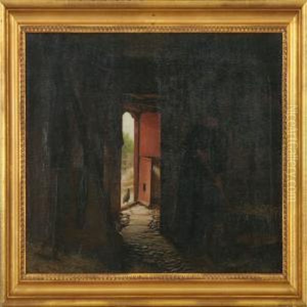 Woman In A Stableinterior With Light Coming Through The Open Door Oil Painting by Julius Exner