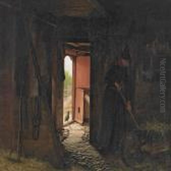 Woman In A Stable Interiorwith Light Coming Through The Open Door Oil Painting by Julius Exner