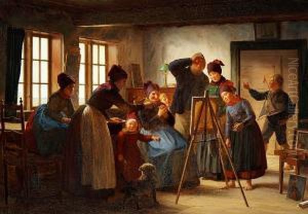 People From Fano Looking At The Painting While The Artist Has Left The Room Oil Painting by Julius Exner