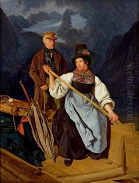 Kahnfahrt Des Malers Franz Steinfeld Uber Den Gosausee Oil Painting by Franz Eybl