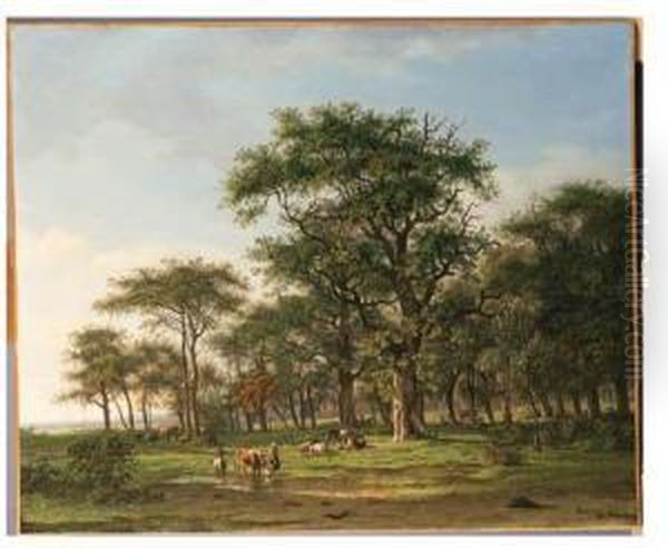 A Wooded Summer Landscape With A Peasant Girl And Cattle Oil Painting by Arnoldus Johannes Eymer