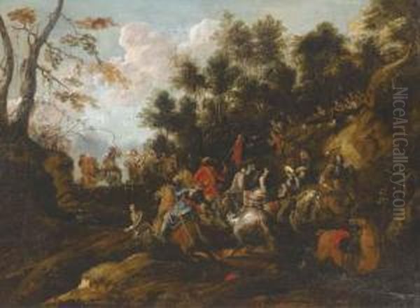 A Military Skirmish In A Wooded Pass Oil Painting by Joachim Faber