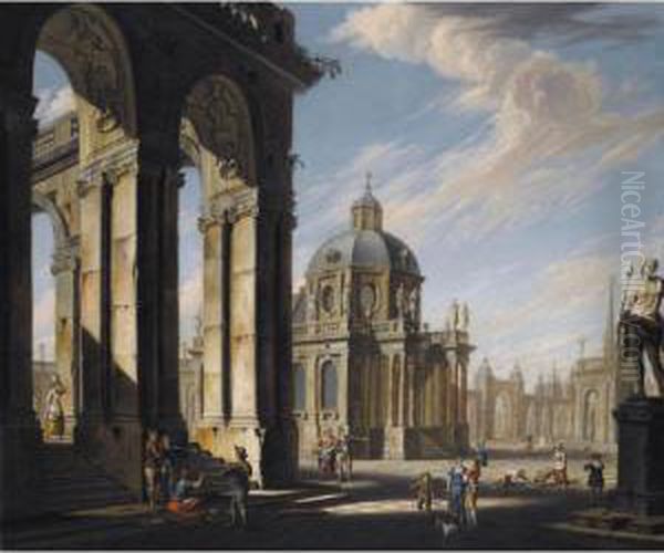 Architectural Capriccio With Figures Conversing On The Piazza Oil Painting by Jacopo Fabris Venice