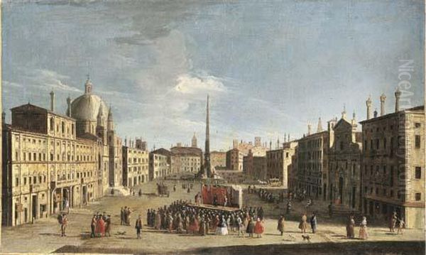 The Piazza Navona, Rome, From 
The South, With A Crowd Watching A Performance Of The Commedia Dell'arte Oil Painting by Jacopo Fabris Venice