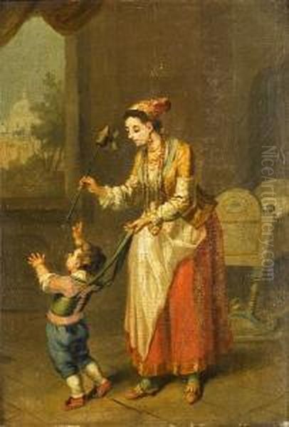 A Turkish Woman And Her Child In An Interior With A View To A Domed Church Beyond Oil Painting by Pietro Fabris