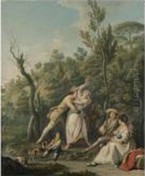 A Wooded Landscape With A Woman 
Resisting The Advances Of Asoldier, An Amorous Couple Beside Them Oil Painting by Pietro Fabris