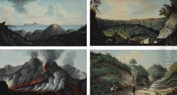 Vesuvius Erupting; The Bay Of 
Naples With Capri In The Distance; Neapolitan Landscape; And Travellers 
On A Path Oil Painting by Pietro Fabris