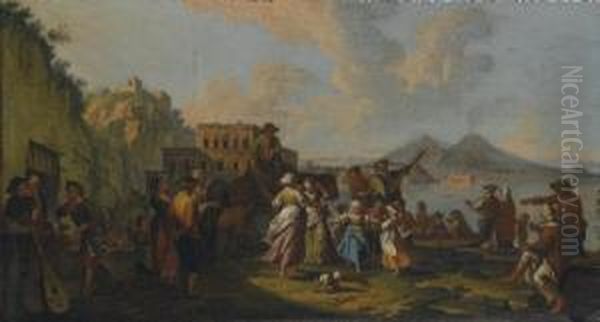 Tarantella A Palazzo Donn'anna Sullo Sfondo Del Vesuvio Oil Painting by Pietro Fabris