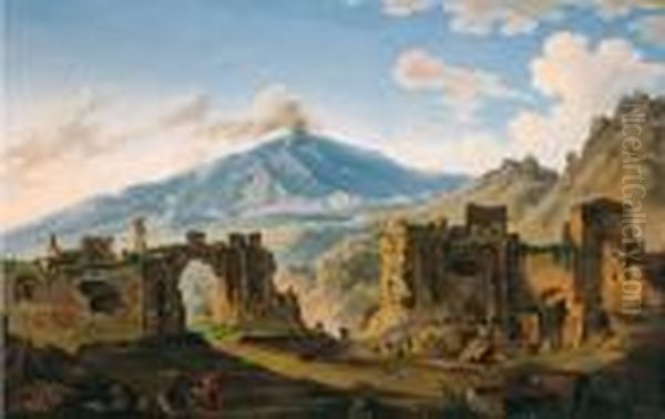 Veduta Del Teatro Greco Di Taormina Con Il Vulcano Etna
 Olio Su Tela, Cm. 74x113,5 Oil Painting by Pietro Fabris