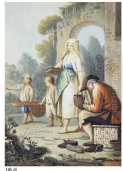 Attivo A Napoli Dal 1754 Al 1804
 A) Il Venditore Di Caldarroste B) La Spaghettata C) La Suonatrice Di 
Tamburello D) Il Calzolaio Oil Painting by Pietro Fabris