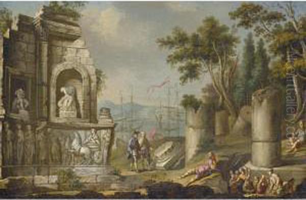 A Coastal Landscape With Figures Excavating Classical Ruins Oil Painting by Pietro Fabris