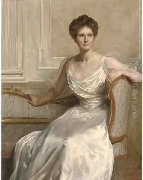 Portrait of Mary Frances Wilson, seated three-quarter-length, in a white dress, in an interior Oil Painting by John Maler Collier