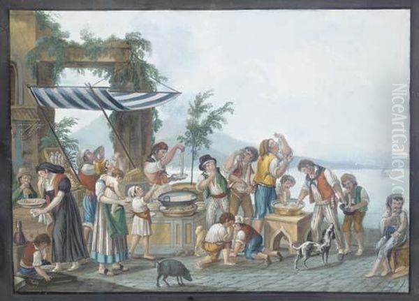 Les Mangeurs De Spaghettis Sur La Baie De Naples, Le Vesuve Au Fond Oil Painting by Pietro Fabris