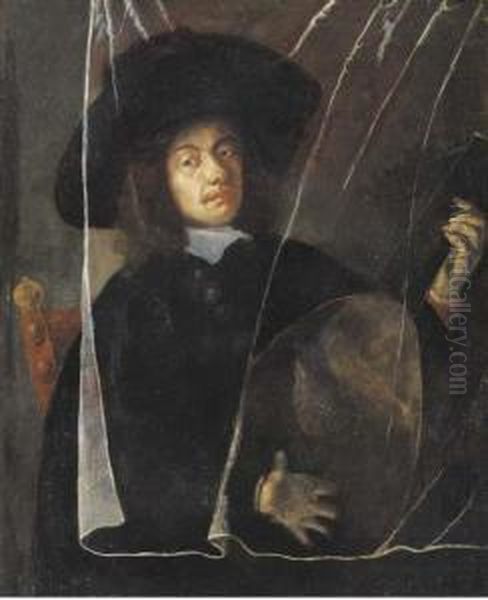 A Man Playing A Lute Behind A Trompe L'oeil Curtain Oil Painting by Barent Fabritius