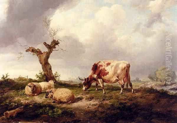 A Cow With Sheep In A Landscape Oil Painting by Thomas Sidney Cooper