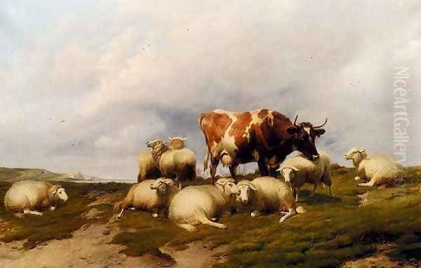 A Cow And Sheep On The Cliffs Oil Painting by Thomas Sidney Cooper