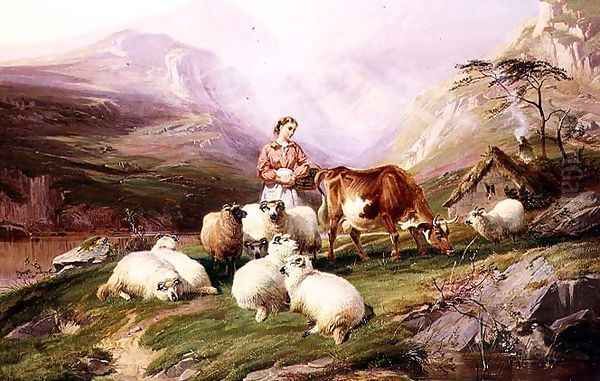 Cow and Sheep on a Mountain Pasture Oil Painting by Thomas Sidney Cooper