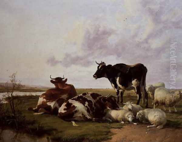 Cattle and Sheep Grazing Oil Painting by Thomas Sidney Cooper