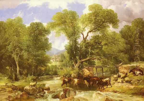 A Wooded Ford Oil Painting by Thomas Sidney Cooper