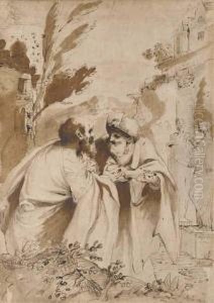 The Two Elders Conversing, Susannah In The Background Entering The Bath Oil Painting by Pietro Faccini