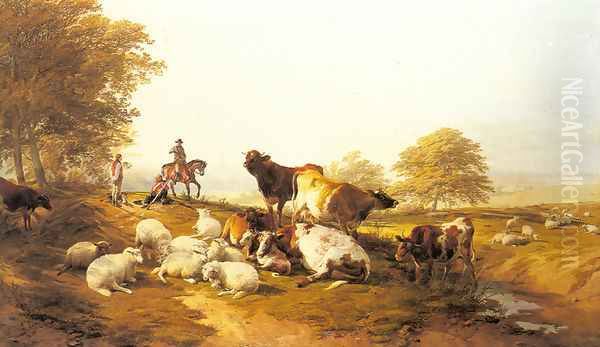 Cattle And Sheep Resting In An Extensive Landscape Oil Painting by Thomas Sidney Cooper