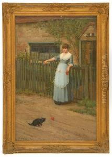 A Woman Playing With A Cat Oil Painting by John Faed