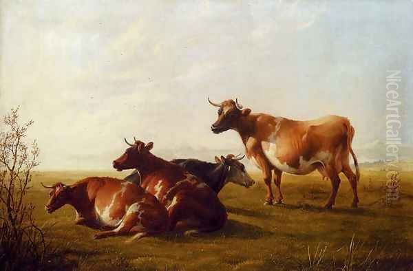 Cows In A Meadow Oil Painting by Thomas Sidney Cooper