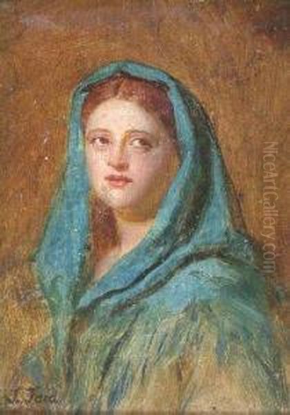 Study Of A Girl's Head With Blue Head Scarf Oil Painting by John Faed