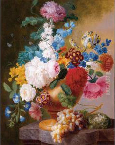 Still Life Of Tulips, Roses, Peonies, Narcissus, And Other Flowers In A Urn Oil Painting by Pieter Faes