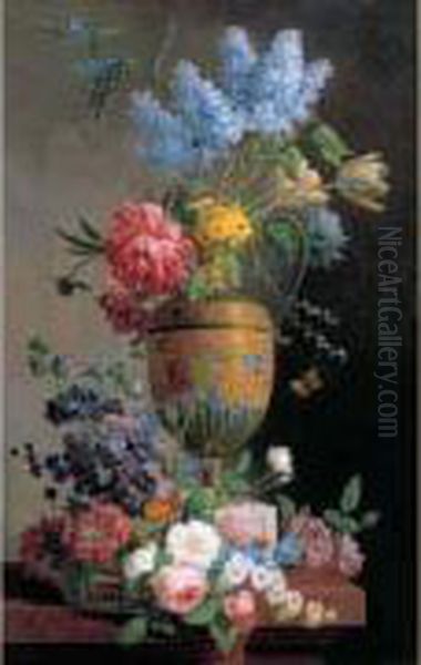 Nature Morte Au Bouquet De Lilas, Pivoines Et Tulipes Et A La
 Corbeille De Fleurs Sur Un Entablement Oil Painting by Pieter Faes