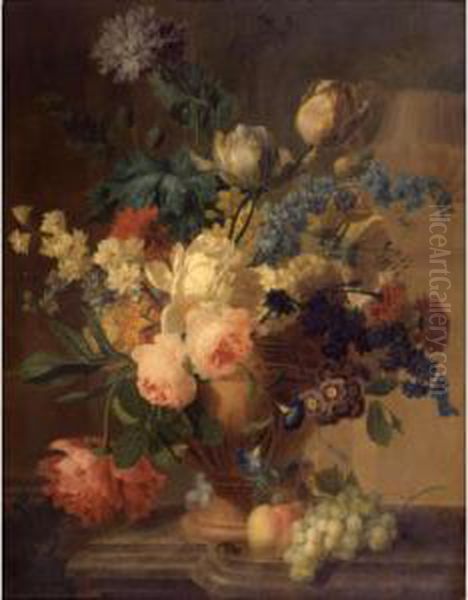 Still Life Of Roses, Peonies, 
Tulips, Narcissus, And Other Flowers In A Terracotta Vase, With Grapes 
And A Peach, All Resting On A Ledge Oil Painting by Pieter Faes