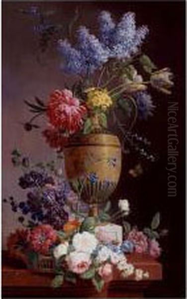 Still Life Of Lilacs, Roses, 
Tulips And Other Flowers In A Tall Urn Resting On A Ledge With A Basket 
Overflowing With Flowers Oil Painting by Pieter Faes