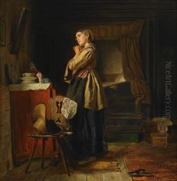 Flicka Framfor Spegeln - Interior Oil Painting by Ferdinand Fagerlin