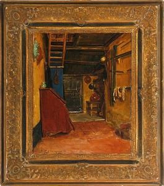 Dutch Interior With A Red Bureau Oil Painting by Ferdinand Fagerlin