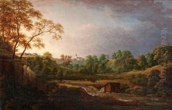 Extensive Landscape With Waterfall, Livestock, And Church In The Background Oil Painting by Carl Johan Fahlcrantz