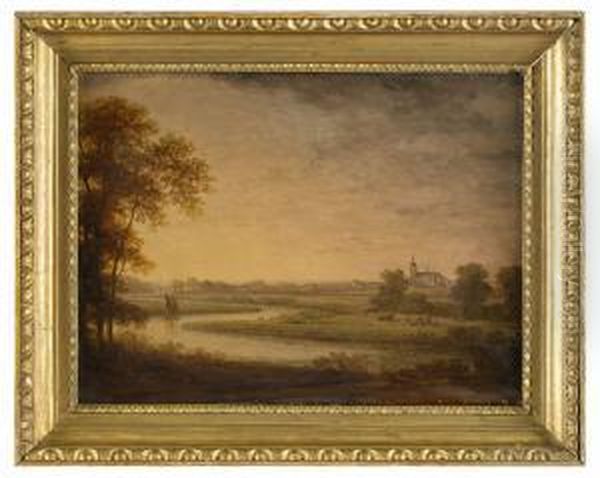 Pastoralt Landskap Med Kyrkobyggnad I Fonden Oil Painting by Carl Johan Fahlcrantz