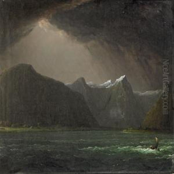 Moonlight Overnorwegian Bay Scenery, Presumably Sognefjord Oil Painting by Carl Johan Fahlcrantz